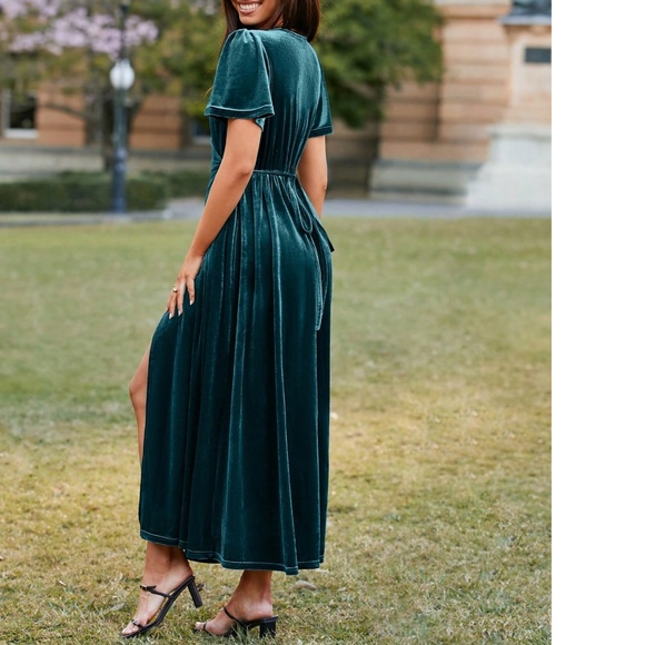 Classic Solid Velvet Wide tie Puff Shoulder Sleeve Party Evening Dress - Picture 8 of 10